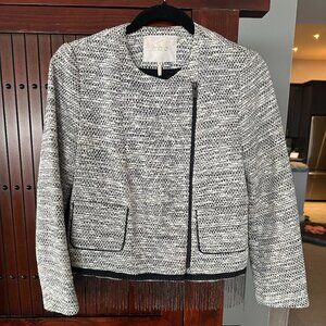 Maje Zip-Up Chain Fringe Hem Tweed Jacket (38)